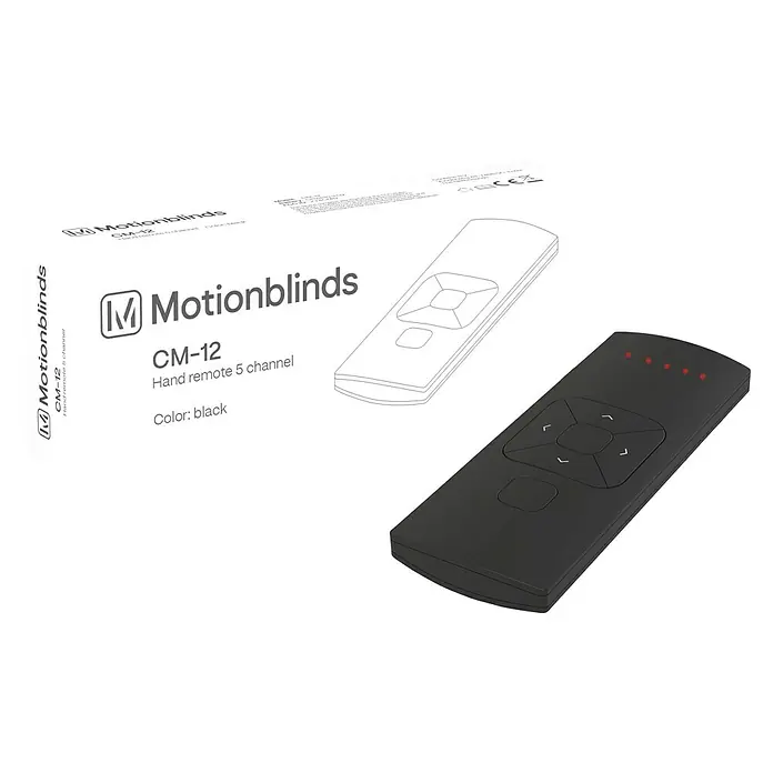 Funkhandsender MotionBlinds Smart Home Remote Control - 5 Kanäle - Produktbild einer Motionblinds CM-12 Fernbedienung in Schwarz, zusammen mit der zugehörigen Verpackung, die das Produktbild trägt.