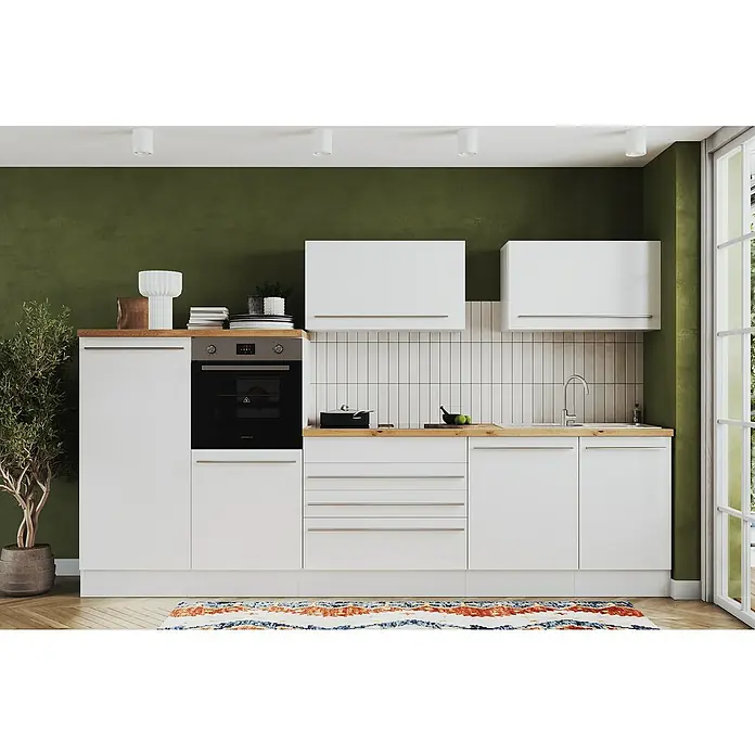 Respekta Premium Küchenzeile Gabriel - Breite: 320 cm, Weiß, Mit Elektrogeräten, Induktionskochfeld mit integrierter Dunstabzugshaube - Elegantes Küchendesign mit weißen Schränken, einer dunklen Arbeitsplatte und modernen Geräten, das Funktionalität und Stil vereint.