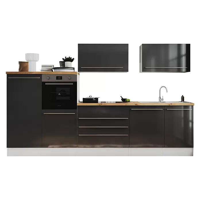 Respekta Premium Küchenzeile Gabriel - Breite: 320 cm, Grau, Mit Elektrogeräten, Induktionskochfeld mit integrierter Dunstabzugshaube - Moderne dunkelgraue Küchenzeile mit heller Holzplatte, integriertem Backofen, Kochfeld und Spüle. Inklusive passender Oberschränke.