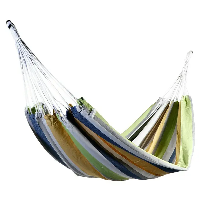 Amazonas Hängematte Tahiti Kolibri - Blau/Gelb/Grün/Weiß, Länge: 310 cm - Bunte Hängematte mit Streifenmuster, aufgehängt an Seilen. Ideal zum Entspannen im Garten oder auf der Terrasse.