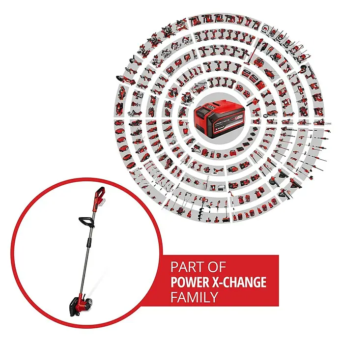 Einhell Power X-Change 18V Rasenkantenschneider GE-LE 18/190 LI - Ohne Akku, 18 V - Abbildung eines Einhell Akku-Rasentrimmers, Teil der Power X-Change Familie, mit Akku-System und diversen Gartengeräten.