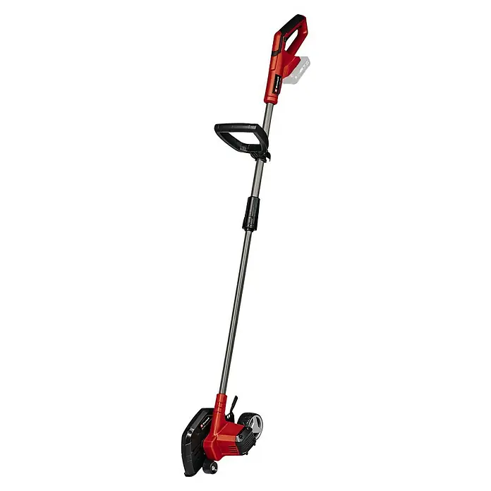 Einhell Power X-Change 18V Rasenkantenschneider GE-LE 18/190 LI - Ohne Akku, 18 V - Akku-Rasentrimmer von Einhell, ideal für präzise Rasenpflege in Gärten. Das Gerät ist rot und schwarz mit einem verstellbaren Griff.