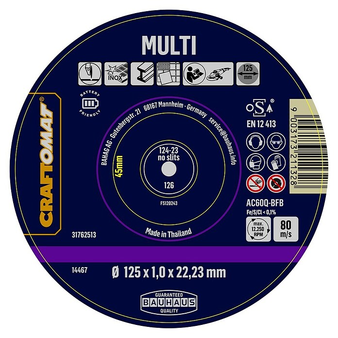 Craftomat Doorslijpschijf AC60Q-BFB Multi Battery friendly (Geschikt voor: Roestvrij staal, Schijfdiameter: 125 mm, 1 st.) | BAUHAUS