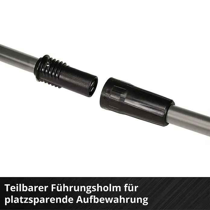 Einhell Power X-Change 18V Rasenkantenschneider GE-LE 18/190 LI - Ohne Akku, 18 V - Geteilter Führungsstab für platzsparende Aufbewahrung. Steckverbindung zwischen zwei grauen Metallrohren mit schwarzen Kunststoffverbindungsstücken.