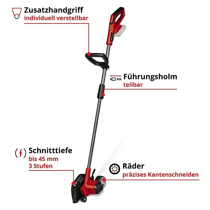 Einhell Power X-Change 18V Rasenkantenschneider GE-LE 18/190 LI - Ohne Akku, 18 V - Abbildung eines Rasenkantenschneiders mit verstellbarem Zusatzhandgriff, teilbarem Führungsholm, einstellbarer Schnitttiefe und Rädern für präzises Kantenschneiden.