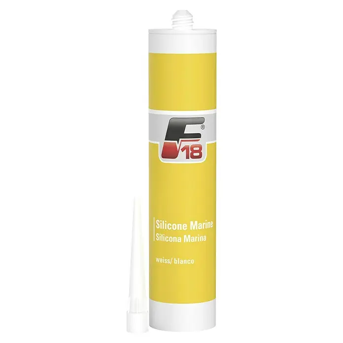 F18 Silikon-Dichtungsmasse - 310 ml, Weiß - Gelbe Kartusche mit Marine-Silikon und weißer Düse, ideal für den Einsatz im maritimen Bereich.