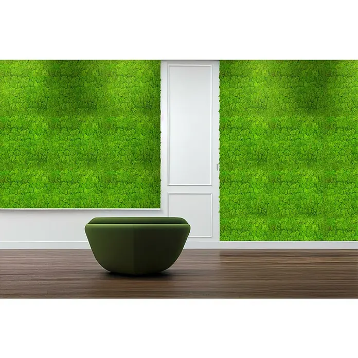 Jangal Wandpaneel Modular Wall Moos - Bright Green, 520 x 520 x 30 mm - Ein grüner Sessel vor einer Wand mit Moosbildern. Der Sessel bietet einen komfortablen und stilvollen Platz zum Entspannen in der Natur.