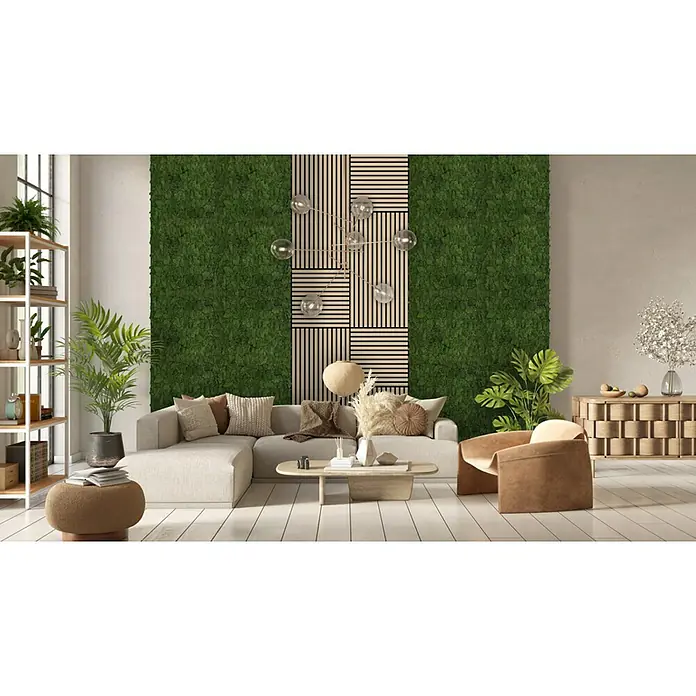 Jangal Wandpaneel Modular Wall Moos - Dark Green, 520 x 520 x 30 mm - Einrichtungsidee mit einer modularen Couch in Beige, einem Couchtisch, einem Sessel und einer grünen Akzentwand für ein natürliches Ambiente.