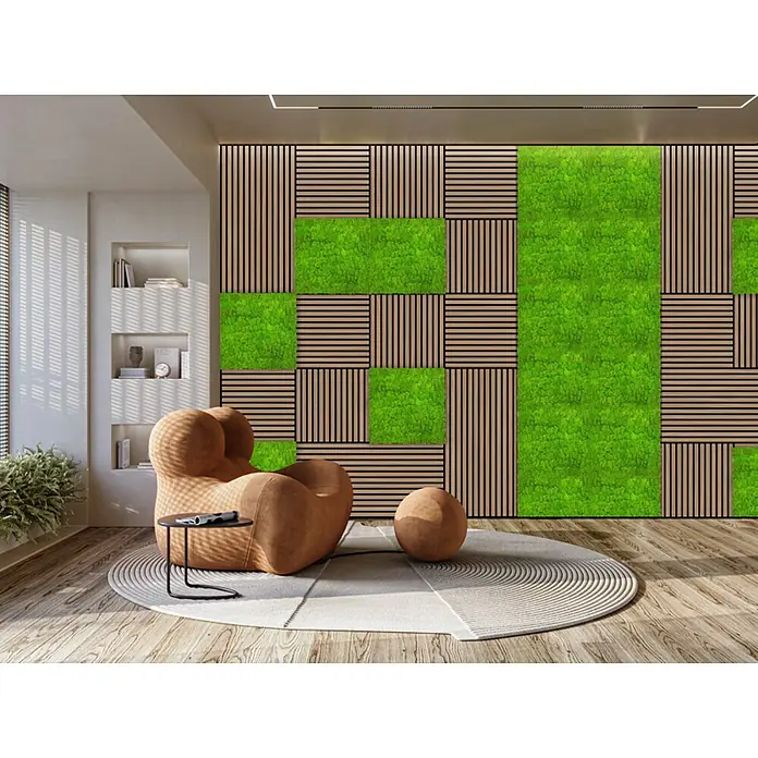 Jangal Wandpaneel Modular Wall Moos - Bright Green, 520 x 520 x 30 mm - Wohnzimmer mit Sessel und dekorativer Wand aus Holzlatten und Moos, die dem Raum eine natürliche und stilvolle Note verleiht.