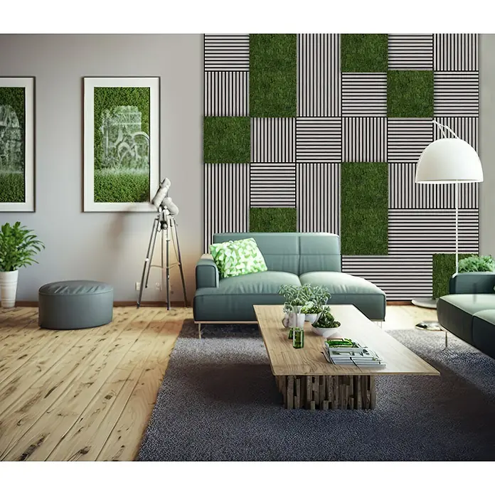 Jangal Wandpaneel Modular Wall Moos - Dark Green, 520 x 520 x 30 mm - Elegantes Wohnzimmer mit einem modernen Sofa, einem Couchtisch aus Holz und einer stilvollen Wanddekoration.