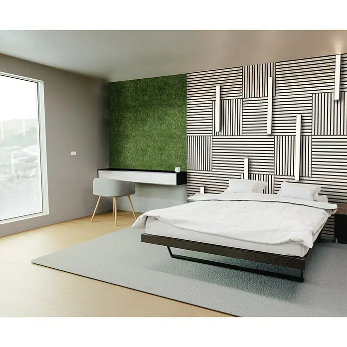 Jangal Wandpaneel Modular Wall Moos - Dark Green, 520 x 520 x 30 mm - Schlafzimmer mit einem modernen Bett und einer einzigartigen Wandgestaltung, die eine entspannende Atmosphäre schafft.