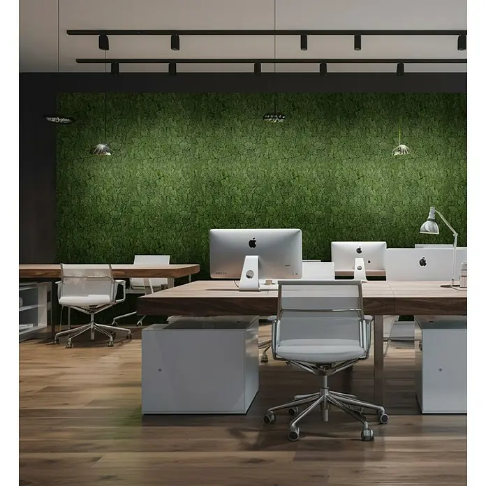 Jangal Wandpaneel Modular Wall Moos - Dark Green, 520 x 520 x 30 mm - Büroraum mit modernen Schreibtischen, ergonomischen Stühlen und natürlicher Mooswand. Effektive Beleuchtung und moderne Apple Geräte ergänzen das Design.