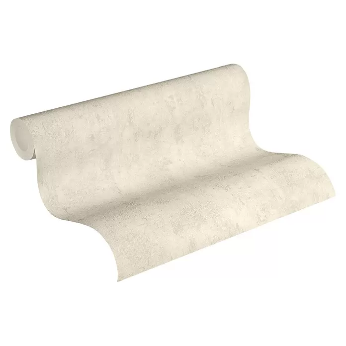 A.S. Création Jade 2 Vliestapete - Beige, Uni, 10,05 x 0,53 m - Rolle beigefarbene, strukturierte Tapete, teilweise abgerollt.