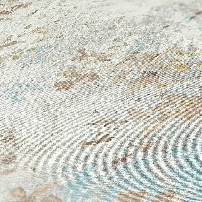 A.S. Création Stories of Life Vliestapete Zweig - Blau-Beige-Gold, Floral, 10,05 x 0,53 m - Nahaufnahme eines Teppichs mit abstraktem Muster in Weiß-, Braun- und Blautönen, der eine weiche Textur und ein modernes Design aufweist.