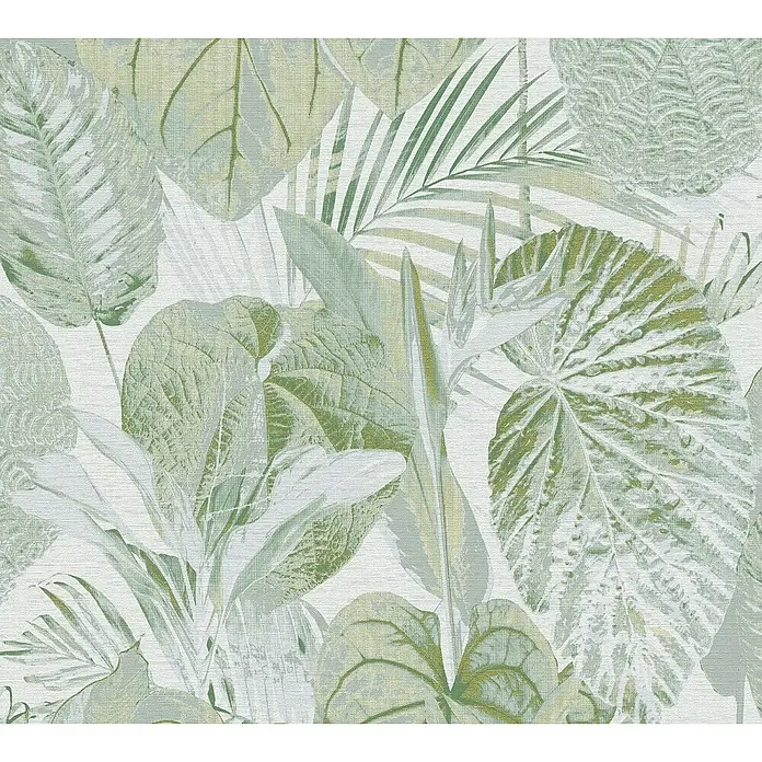 A.S. Création Famous Garden Vliestapete Dschungel - Grün-Weiß-Grau, Floral, 10,05 x 0,53 m - Nahaufnahme einer Tapete mit botanischem Muster in verschiedenen Grün- und Weißtönen, die ein tropisches Flair vermittelt.