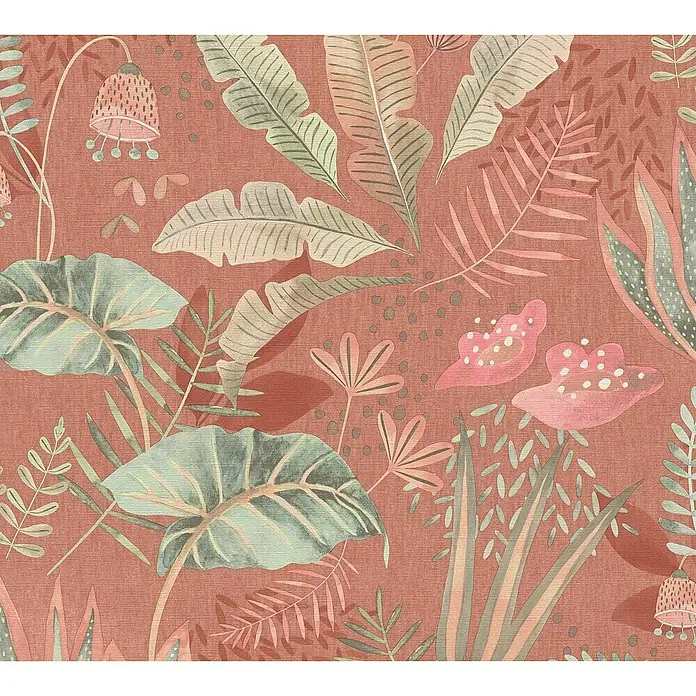 A.S. Création Famous Garden Vliestapete - Rot-Orange-Grün, Floral, 10,05 x 0,53 m - Detailansicht eines stilvollen Textildesigns mit exotischen Pflanzenmotiven in sanften Farbnuancen.