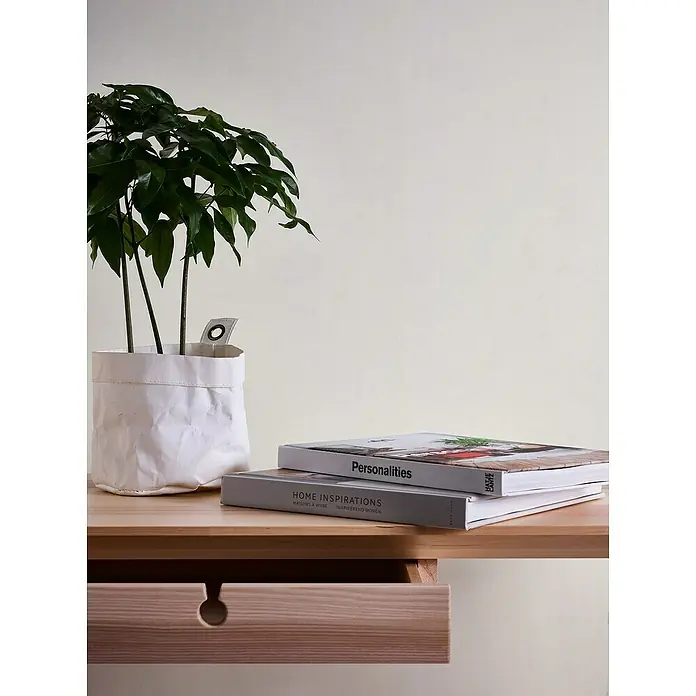 A.S. Création Jade 2 Vliestapete Used Look - Weiß, Uni, 10,05 x 0,53 m - Zimmerpflanze in weißem Übertopf und Bücher auf einem hellen Holzschreibtisch mit Schublade für ein gemütliches Ambiente.