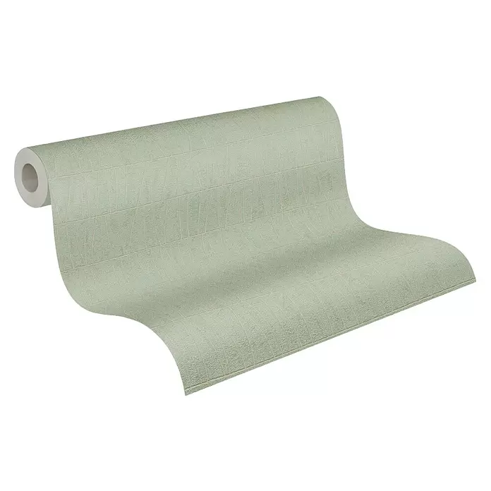 A.S. Création Jade 2 Vliestapete - Goldgrün, Grafisch, 10,05 x 0,53 m - Hellgrüne texturierte Tapetenrolle, teilweise abgerollt.
