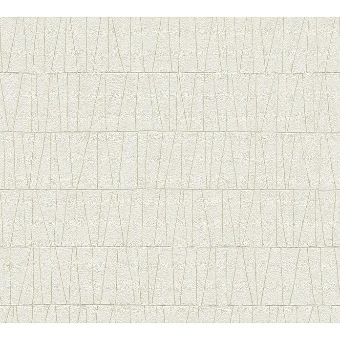 A.S. Création Jade 2 Vliestapete - Weiß/Gold, Grafisch, 10,05 x 0,53 m - Nahaufnahme einer strukturierten Tapete mit geometrischen, vertikalen Dreiecksmustern in Beige und zarten Linien.