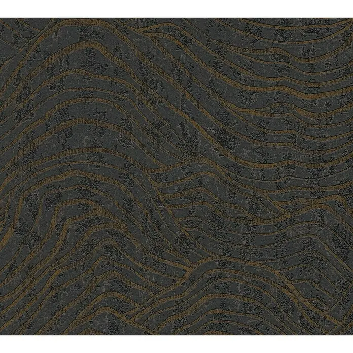 A.S. Création Jade 2 Vliestapete - Schwarz-Silber, 3D-Optik, 10,05 x 0,53 m - Elegantes dunkles Tapetenmuster mit geschwungenen Linien und subtilen Goldakzenten, ideal für stilvolle Innenräume.