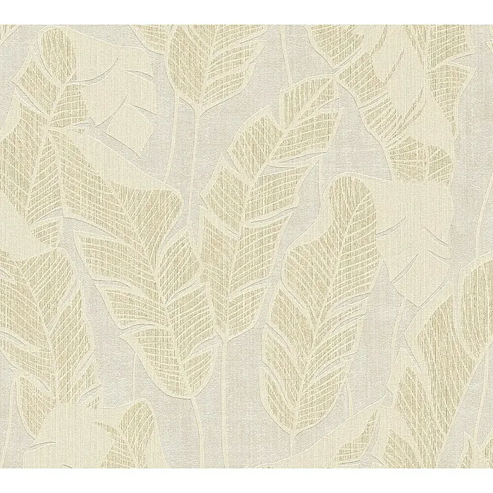 A.S. Création Jade 2 Vliestapete Blätter - Weiß-Beige-Gold, Floral, 10,05 x 0,53 m - Ein bezauberndes, cremefarbenes Tapetenmuster mit eleganten, stilisierten Blattmotiven, das jedem Raum eine natürliche und luxuriöse Note verleiht.