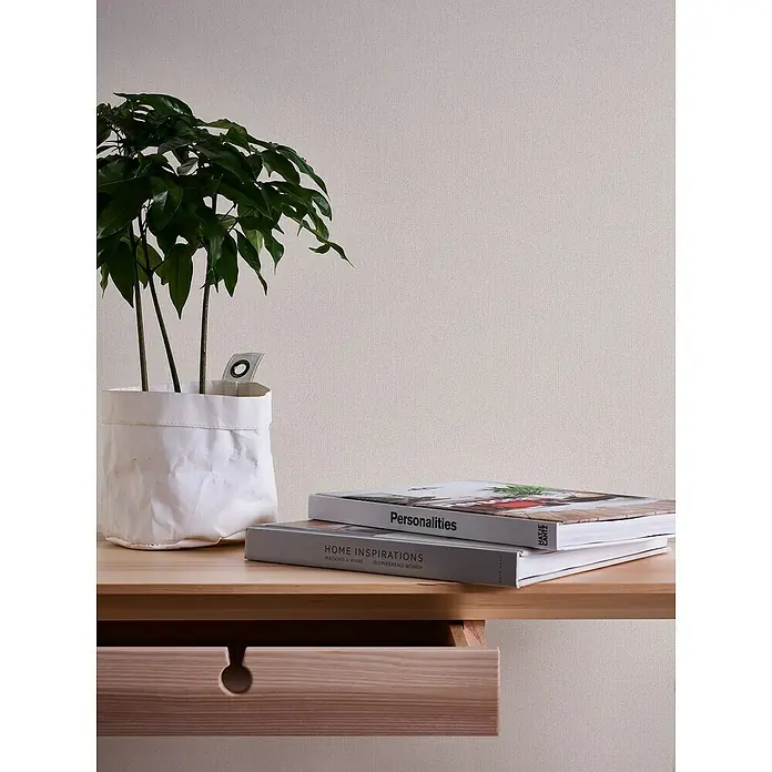 A.S. Création Jade 2 Vliestapete - Creme-Weiß, Uni, 10,05 x 0,53 m - Nahaufnahme eines Holzschreibtisches mit einer Zimmerpflanze, Büchern und einer Schublade mit rundem Griff.