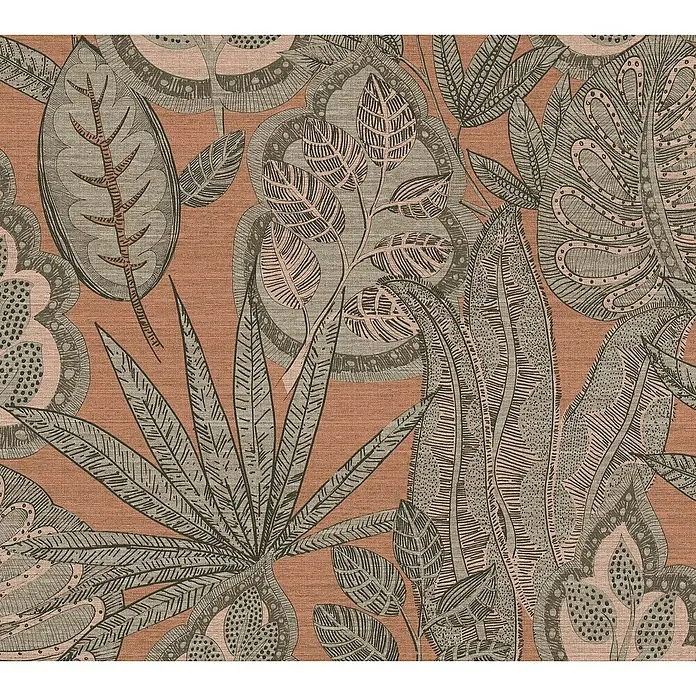 A.S. Création Famous Garden Vliestapete Blatt - Rosa-Grau-Taupe, Floral, 10,05 x 0,53 m - Dekoratives Wandbild mit floralem Muster in Grau- und Rosatönen auf Terracotta-farbenem Grund.