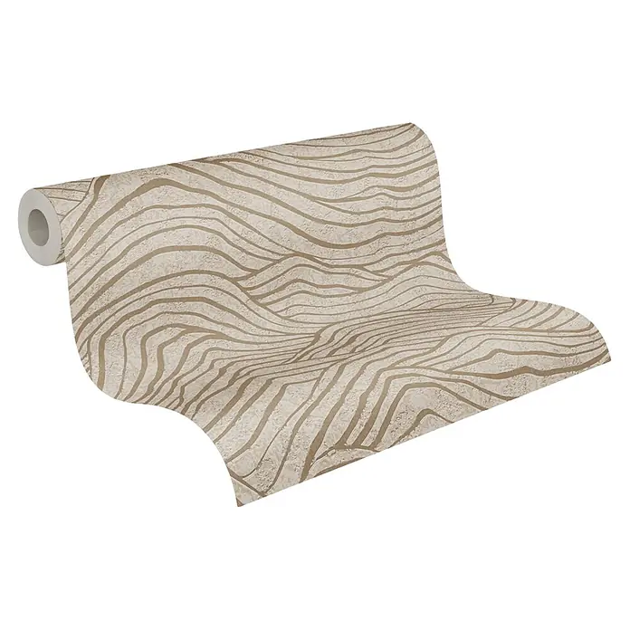A.S. Création Jade 2 Vliestapete - Beige-Gold-Grau, 3D-Optik, 10,05 x 0,53 m - Eine Rolle edler Tapete mit einem abstrakten Wellenmuster in Beige- und Brauntönen, perfekt für stilvolle Wandgestaltungen.