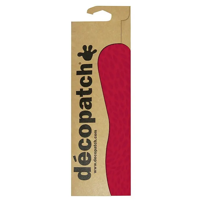Décopatch Papel decorativo Dec - Rojo, 3 ud., 40 x 30 cm - Primer plano de un paquete de Decopatch con el logotipo de la marca y una zona de producto roja estampada, perfecto para proyectos creativos de artesanía.