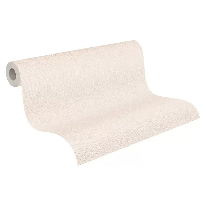 A.S. Création Jade 2 Vliestapete - Beige-Creme, Uni, 10,05 x 0,53 m - Rolle hellbeige strukturierte Tapete, teilweise ausgerollt, um ihre Oberfläche zu zeigen.