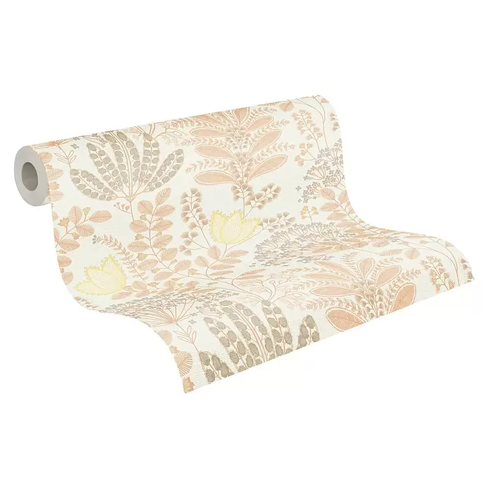 A.S. Création Famous Garden Vliestapete - Weiß-Orange-Gelb, Floral, 10,05 x 0,53 m - Abgerollte Tapetenrolle mit cremefarbenem Untergrund und floralem Muster in Pfirsich, Beige und Gelb.