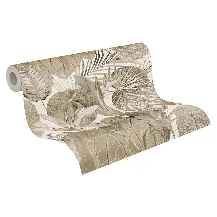 A.S. Création Famous Garden Vliestapete Dschungel - Beige-Taupe, Floral, 10,05 x 0,53 m - Gerollte Tapete mit beigem botanischem Muster aus tropischen Blättern und einer Blume.
