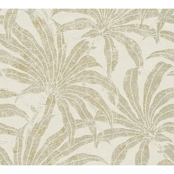 A.S. Création Jade 2 Vliestapete Pflanzen - Beige-Gold-Silber, Floral, 10,05 x 0,53 m - Texturiertes Tapetenmuster mit dezenten Palmblattmotiven in sanften Goldtönen für eine elegante Wandgestaltung.