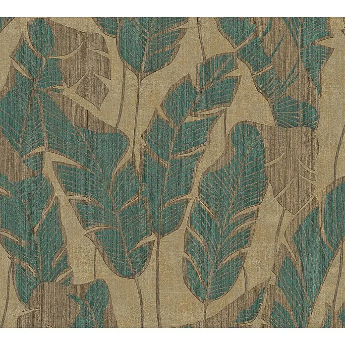 A.S. Création Jade 2 Vliestapete Blätter - Beige-Grün-Schwarz, Floral, 10,05 x 0,53 m - Elegantes Tapetenmuster mit stilisierten, blaugrünen Blättern auf beigem Grund, ideal für moderne Interieurs.