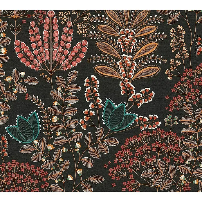 A.S. Création Famous Garden Vliestapete - Schwarz-Bunt-Petrol, Floral, 10,05 x 0,53 m - Floral gemustertes Textil mit einem dunklen Hintergrund und bunten Blüten in Rot-, Braun- und Blautönen.