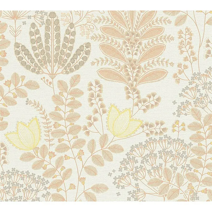 A.S. Création Famous Garden Vliestapete - Weiß-Orange-Gelb, Floral, 10,05 x 0,53 m - Elegantes florales Tapetenmuster in sanften Farben mit detailreichen botanischen Illustrationen für stilvolle Interieurs.