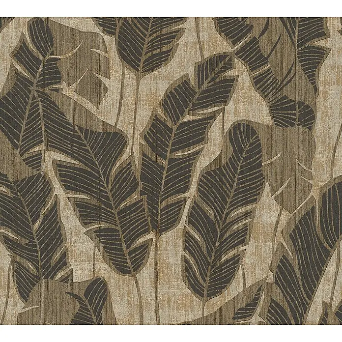 A.S. Création Jade 2 Vliestapete Blätter - Schwarzbeige, Floral, 10,05 x 0,53 m - Strukturiertes Tapetenmuster mit braunen tropischen Blättern auf beigem Grund. Eine exotische und warme Wanddekoration.