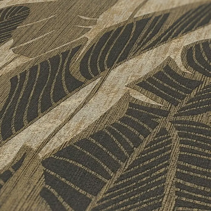 A.S. Création Jade 2 Vliestapete Blätter - Schwarzbeige, Floral, 10,05 x 0,53 m - Detailaufnahme der braunen 'Palma' Tapete mit einem stilvollen Blattmuster, ideal für moderne Wandgestaltung.