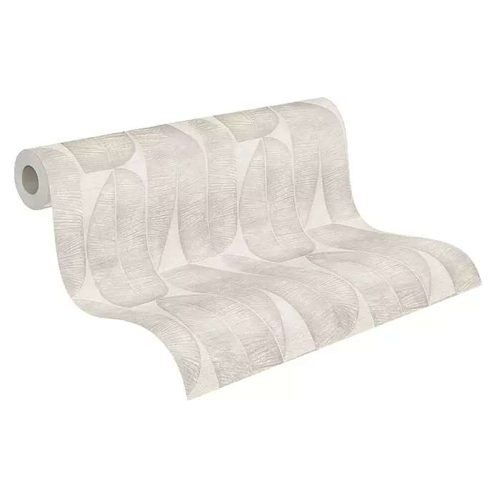 A.S. Création Stories of Life Vliestapete - Grau-Beige, Floral, 10,05 x 0,53 m - Helle beige Tapete von einer Rolle abgerollt, mit strukturiertem Blattmuster.