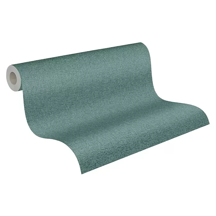 A.S. Création Famous Garden Vliestapete - Petrolblau, Uni, 10,05 x 0,53 m - Partiell ausgerollte, strukturierte blaugrüne Tapetenrolle.