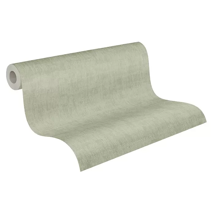 A.S. Création Jade 2 Vliestapete - Grün, Uni, 10,05 x 0,53 m - Rolle strukturierter hellgrüner Tapete, die sich abrollt.