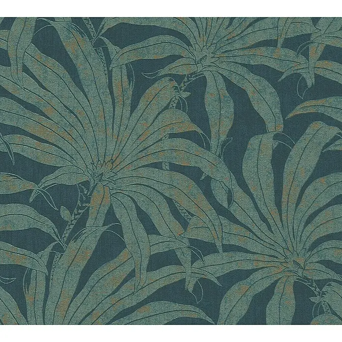 A.S. Création Jade 2 Vliestapete Pflanzen - Petrol-Gold-Blau, Floral, 10,05 x 0,53 m - Das Bild zeigt eine Nahaufnahme eines dunkelblauen Wandbildes mit üppigen, blattartigen tropischen Pflanzenmustern.