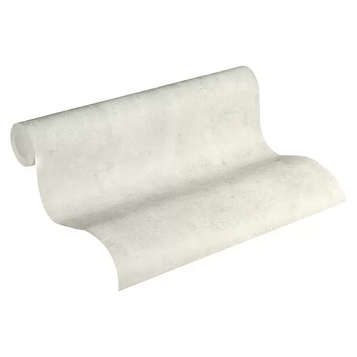 A.S. Création Jade 2 Vliestapete - Cremegrau, Uni, 10,05 x 0,53 m - Teilweise abgerollte, hellbeige strukturierte Tapetenrolle.