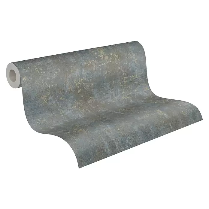 A.S. Création Stories of Life Vliestapete Patina - Braun-Blau-Gold, Betonoptik, 10,05 x 0,53 m - Gerollte, strukturierte blau-graue Tapete mit Goldakzenten, entrollt, um ihr Muster zu zeigen.