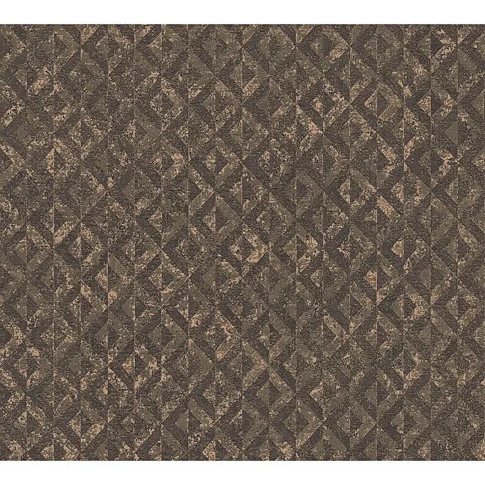 A.S. Création Jade 2 Vliestapete - Schwarz-Braun-Gold, Grafisch, 10,05 x 0,53 m - Ein quadratisches Muster in verschiedenen Brauntönen, das eine strukturierte und textile Oberfläche imitiert, ideal für Hintergründe.