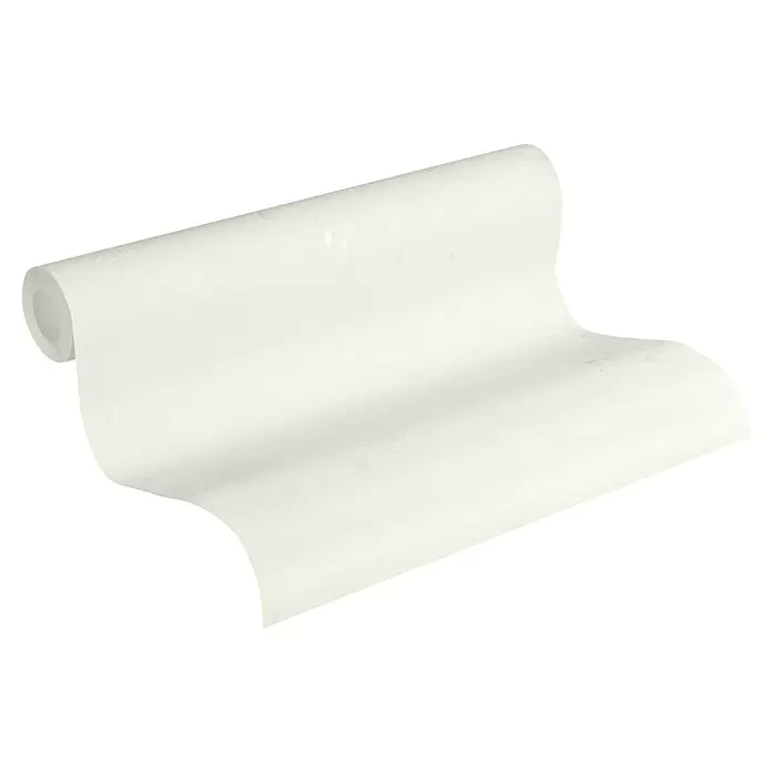 A.S. Création Jade 2 Vliestapete Used Look - Weiß, Uni, 10,05 x 0,53 m - Teilweise abgerollte Rolle weißer, strukturierter Tapete.