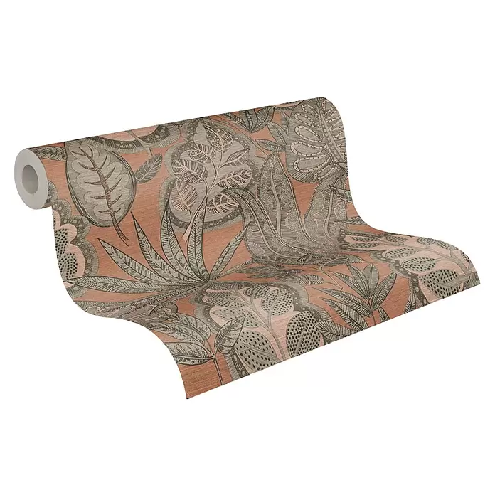 A.S. Création Famous Garden Vliestapete Blatt - Rosa-Grau-Taupe, Floral, 10,05 x 0,53 m - Ausgerollte Tapete mit grauen botanischen Mustern auf terrakottafarbenem Hintergrund.