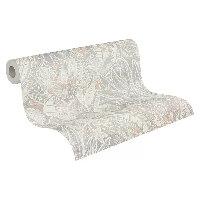 A.S. Création Stories of Life Vliestapete Blumen - Grau-Beige-Weiß, Floral, 10,05 x 0,53 m - Abgerollte Tapetenrolle mit Muster aus grauen, beigen und hellorangen Blättern und Blumen.