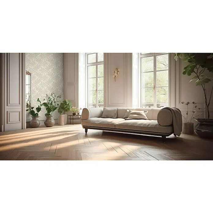 A.S. Création Jade 2 Vliestapete Pflanzen - Beige-Gold-Silber, Floral, 10,05 x 0,53 m - Elegantes Wohnzimmer mit einem beigen Sofa, das im Mittelpunkt steht. Der Raum wird durch natürliche Textilien und Pflanzen veredelt.