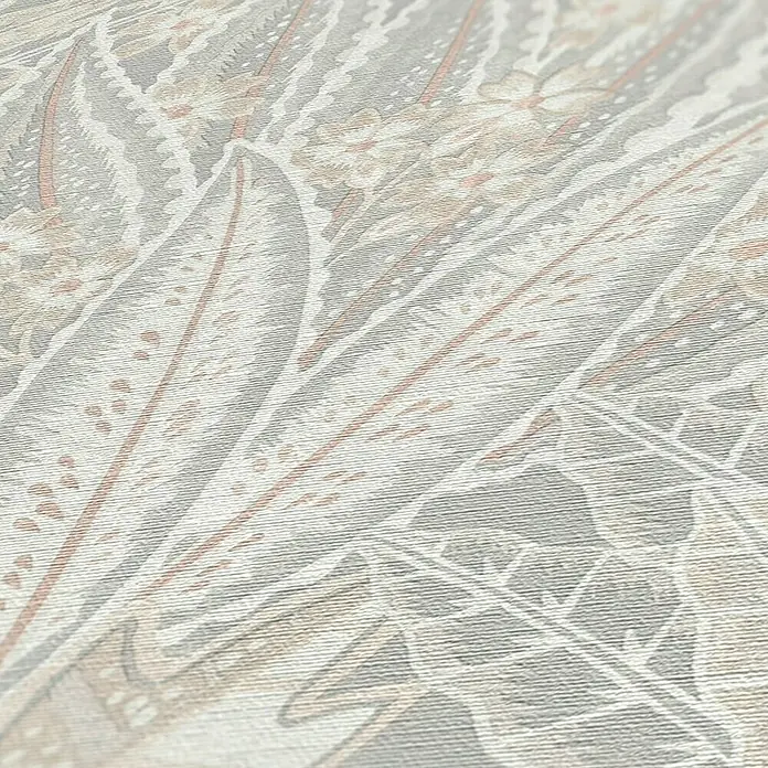 A.S. Création Stories of Life Vliestapete Blumen - Grau-Beige-Weiß, Floral, 10,05 x 0,53 m - Detailaufnahme einer strukturierten Tapete mit floralem Muster und feinen Linien, ideal für eine elegante Raumgestaltung.